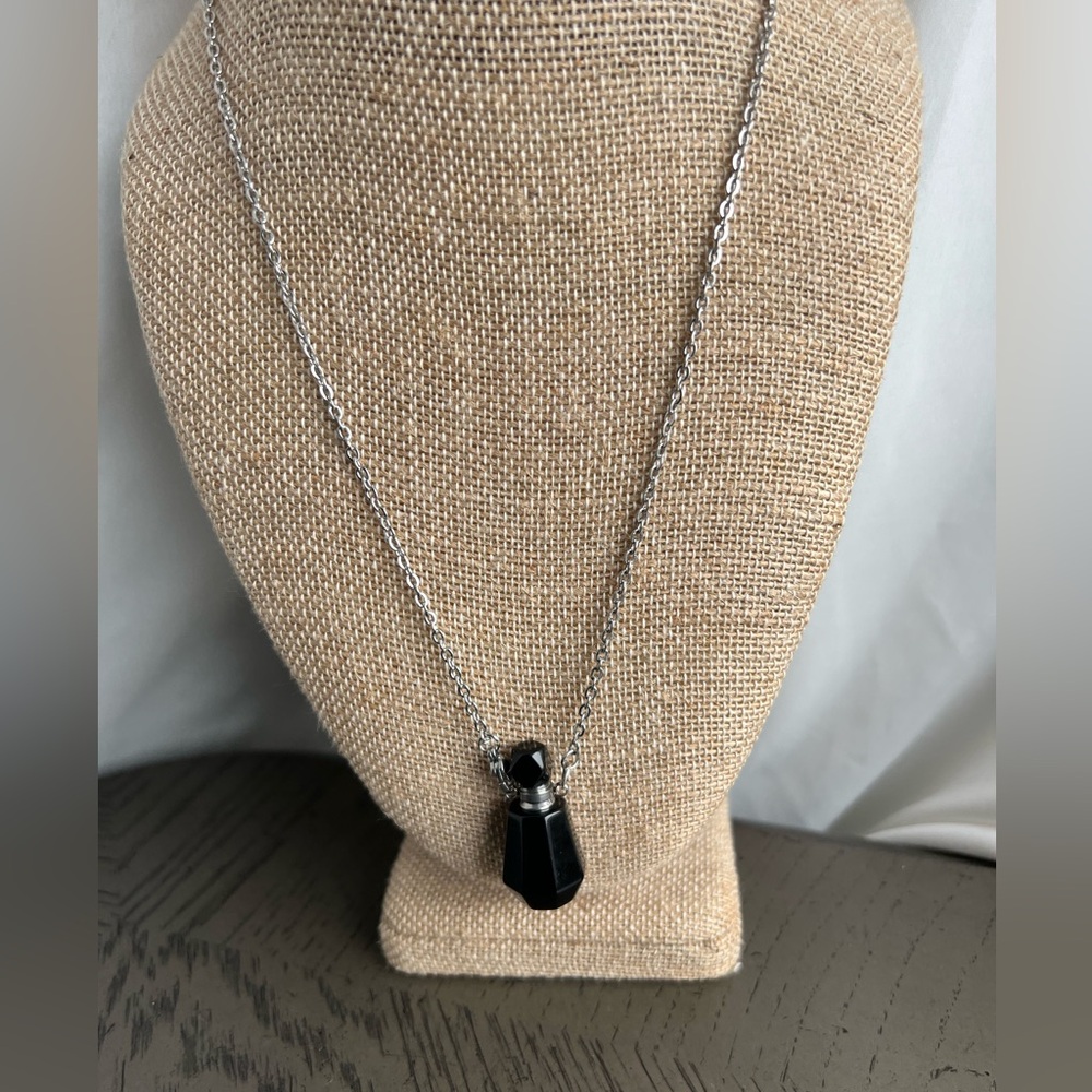 ( ONE ) Black obsidian perfume bottle necklace 20’